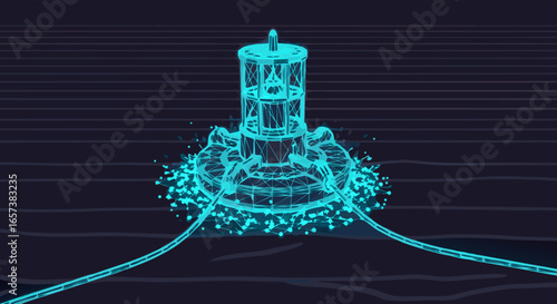 Close-up view of a teal-colored ocean buoy, detailed wireframe rendering, floating on dark water, with connecting cables, conveying a