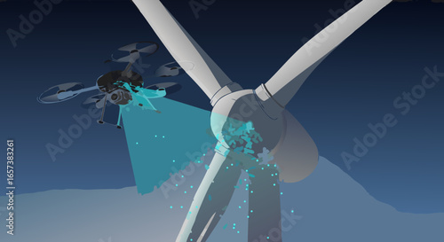 Drone inspecting damaged wind turbine blade; close-up view showing teal inspection light against a dark blue sky; industrial
