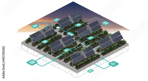 Isometric illustration of a solar panel farm at dusk, showcasing efficient energy production with smart grid technology, conveying a