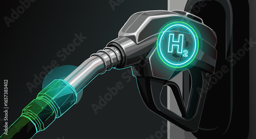 Close-up of a hydrogen fuel nozzle, with glowing H₂ symbol, against a dark background, showcasing futuristic technology and clean