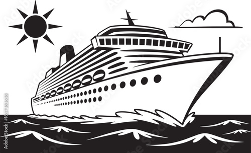 Modern Luxury Cruise Ship Vector Illustration on Ocean Waves, Modern Cruise Ship, Luxury Ocean Liner Vector, Sea Voyage Illustration, Passenger Travel Ship, Contemporary Nautical Design, cruise ship
