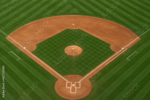 Aerial view captures a pristine baseball field with vibrant green grass and clay diamond details.