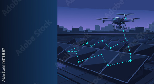 Drone inspecting solar panels on a rooftop at night, displaying energy data;  flat vector illustration with a cool blue color scheme