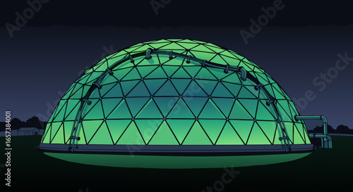 Nighttime exterior view of a geodesic dome structure illuminated with green light, showcasing its triangular framework against a dark