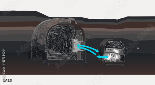 Cross-section diagram showing two underground ventilation systems with airflow indicated, dark brown color scheme, technical
