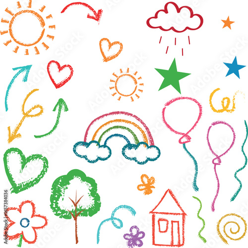 Colorful doodle elements set on dark background