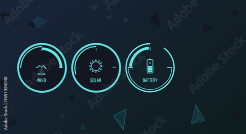 Close-up view of three teal circular digital energy gauges displaying wind, solar, and battery levels against a dark teal background