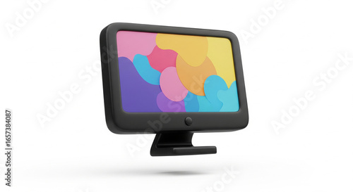 Stylized computer monitor with abstract colorful screen on isolated transparent background, symbolizing creativity.