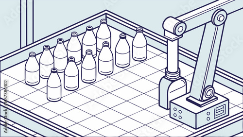 Automated manufacturing line with robotic arm and bottles processing in a factory setting featuring advanced technology and efficient production