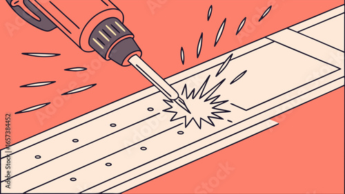 Soldering iron repairing electronic component with sparks and smoke in a workshop, showcasing precision and detail in a clean vector illustration