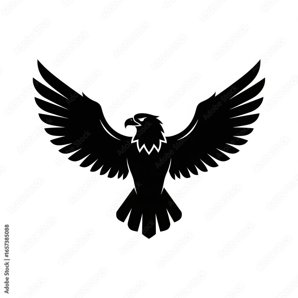 Black eagle silhouette icon with wings spread, minimalist flat vector for logos and symbols. Black eagle silhouette icon with wings spread, minimalist flat vector for logos and symbols.