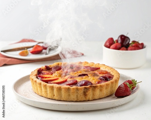 Homemade pie on plate white background.