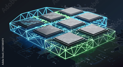 Close-up studio shot of six interconnected microchips, showcasing a complex network design with cool blue and green glowing lines