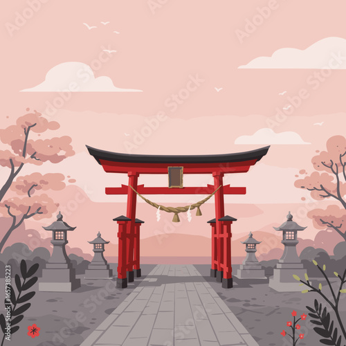 Japanese Torii Gate with Cherry Blossoms
