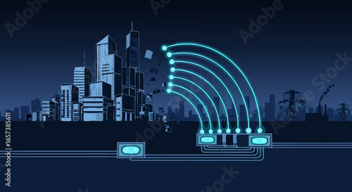 Stylized illustration of smart city infrastructure: data streams connecting buildings, showcasing a futuristic urban network with a