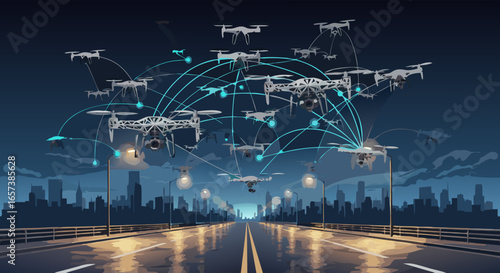 Night scene of numerous drones networked above a city street, depicted in a digital illustration with cool blue tones, showcasing a