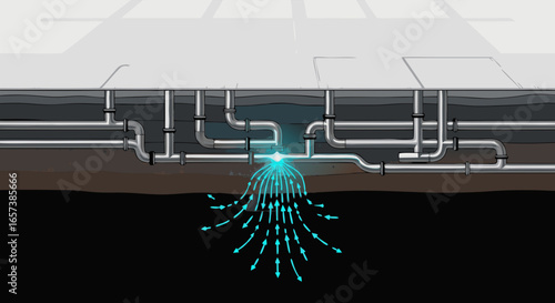 Overhead view of a network of metallic pipes with a data leak, illustrated in a dark, cool color palette against a neutral background.