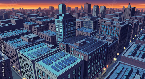 High-angle illustration of a city skyline at dusk, featuring numerous buildings with solar panels on rooftops, conveying a futuristic
