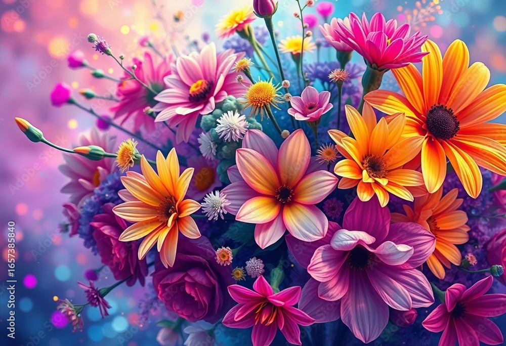Fototapeta premium Dreamy, vibrant floral bouquet in colorful hues; mystical, whimsical digital painting, shades, light