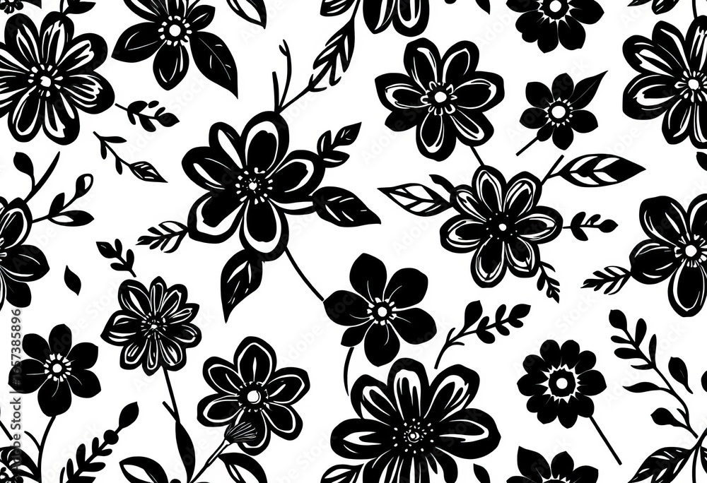 Fototapeta premium Elegant monochrome floral doodle seamless pattern Black outline flowers & leaves on white , print, hand drawn