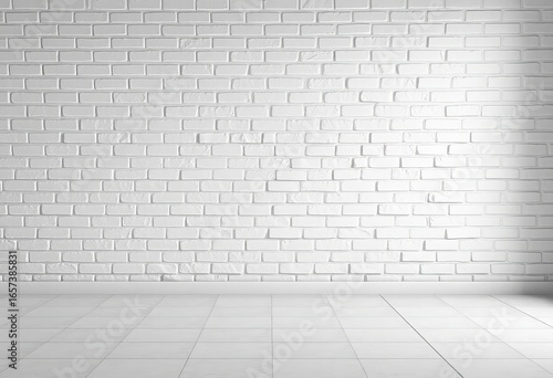 Clean white brick wall backdrop, textured tile floor,  minimalist,   mortar