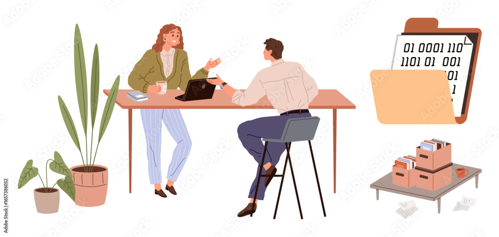 Fototapeta premium Two coworkers converse at a desk with a plant and coffee, a laptop open. Nearby, digital folder with binary code, physical archive boxes. Ideal for teamwork, office work, productivity, collaboration
