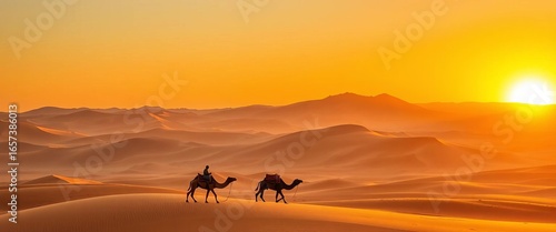 Golden sunset bathes two camel caravans traversing majestic sand dunes,  exotic,  dunes