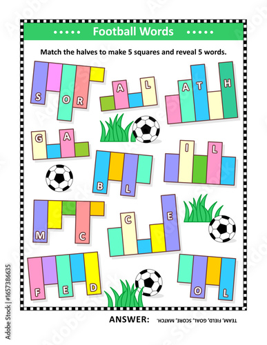 Football word game. English language. Match the halves to make 5 squares and reveal 5 words. Answer included.