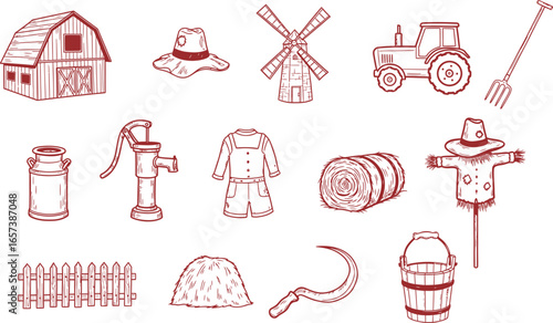 Rustic Farm Life and Agriculture Elements in a Vintage Hand-Drawn Style