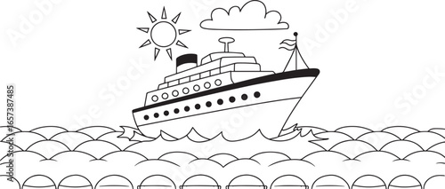 Cruise Ship Vector Outline with Waves Sun and Flag, Cruise ship outline, Luxury liner vector, Passenger ship drawing, Ocean travel illustration, Nautical holiday design