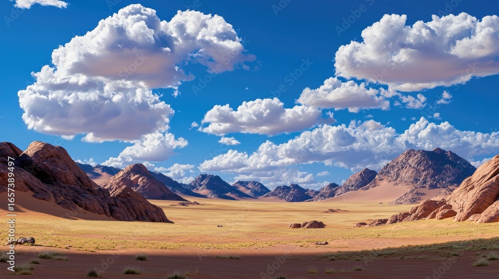 Naklejka premium Vast Desert Landscape with Dramatic Clouds and Rocky Mountains under a Clear Blue Sky