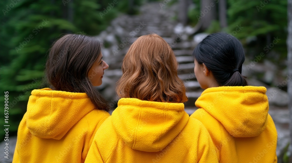 Fototapeta premium Three young women in yellow hoodies stand outdoors looking at stone stairs in a forest