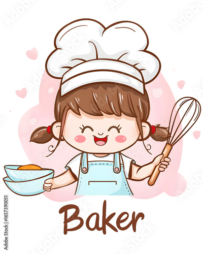 adorable cartoon of a young child dressed as a baker, wearing a puffy chef hat and apron, happily holding a whisk and bowl