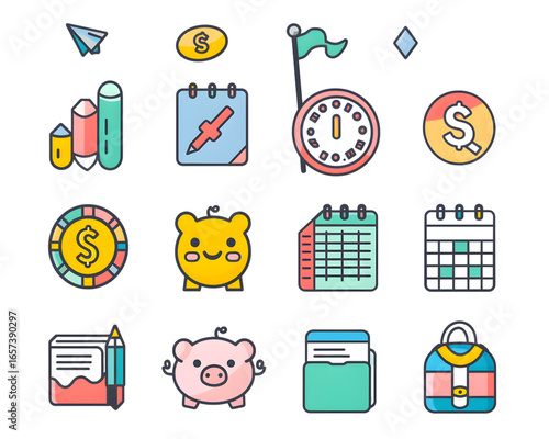 set of cute flat vector icons, Canva presentation style, colorful pastel tones, white background