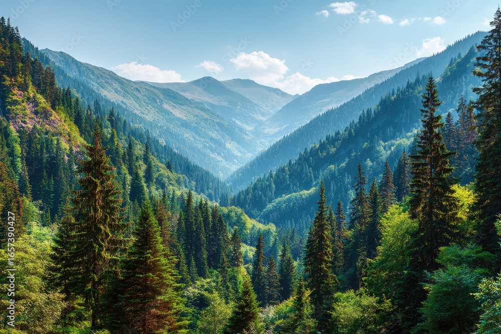 Obraz premium Lush mountain valley, dense forest