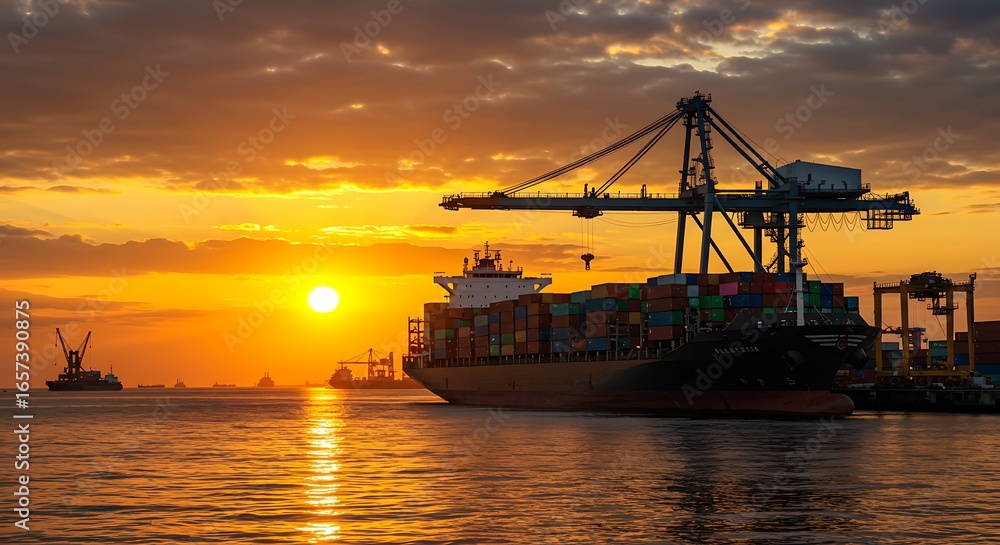 Fototapeta premium Container ship at a port during a beautiful sunset
