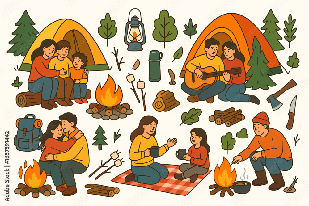 Fototapeta premium People Camping Outdoors Vector Illustration Families and Friends Sitting Around Campfires Playing Guitar Cooking and Relaxing Near Tents Flat Cartoon Design