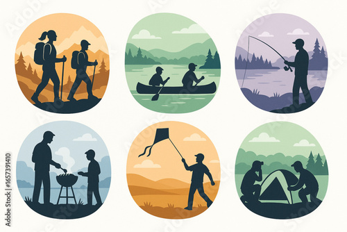 Outdoor Camping and Adventure Activities Vector Illustration Silhouettes Hiking Canoeing Fishing Cooking Kite Flying Tent Setup Flat Minimal Nature Scenery