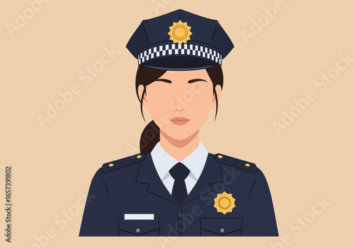 Faceless female police officer character in a professional uniform. Vector avatar illustration of a woman in law enforcement.