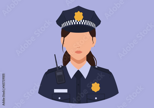 Illustration of a female police officer with a police radio and badge, representing law enforcement and public safety
