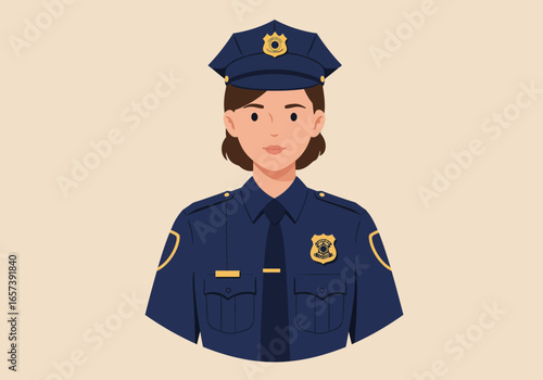 Professional female law enforcement officer portrait illustration representing public service, security, and community protection with a strong, confident demeanor in uniform