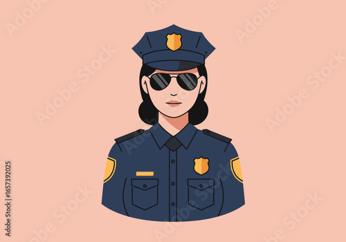 Illustration of a Confident Policewoman in Uniform with Sunglasses Against a Soft Background