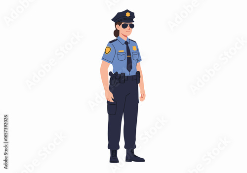 Illustration of a female police officer in uniform, wearing sunglasses and a cap, standing confidently, ready to serve and protect the community with law enforcement.