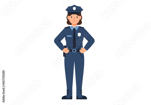 Illustration of a Female Police Officer Standing Proudly in Uniform with Hands on Hips, Professional Law Enforcement Officer, Authority, Security