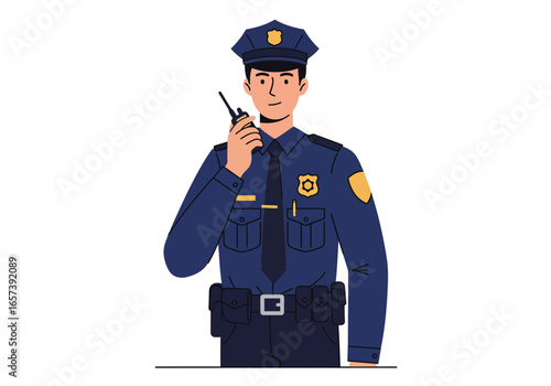 Illustration of a male police officer in uniform using a walkie-talkie, a symbol of law enforcement and public service, isolated on white