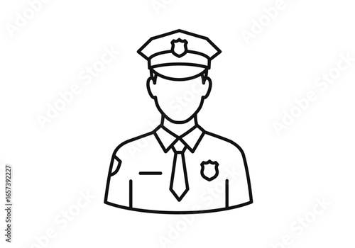 Line Art Illustration of a Police Officer Wearing a Hat and Uniform, Ideal for Security and Law Enforcement Concepts