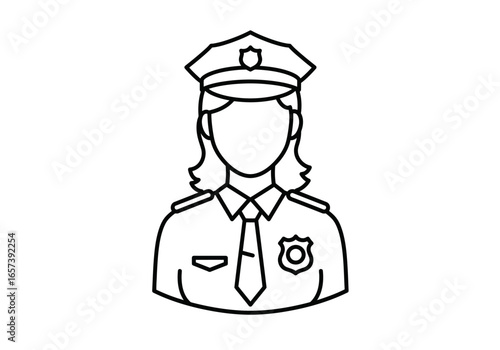 Line art illustration of a female police officer in uniform, including her hat, badge, and tie, set against a clean white background