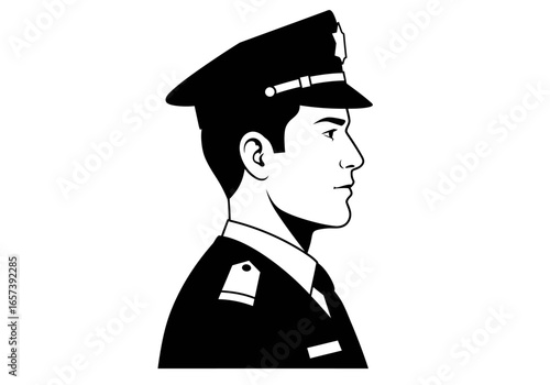 Profile of a Police Officer  Black and White Illustration