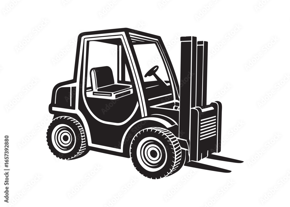Naklejka premium Warehouse Forklift Truck Vector Silhouette Black Icon Illustration.