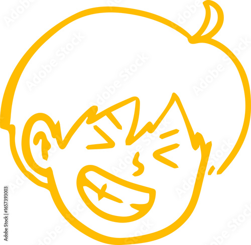 A cheerful cartoon illustration of a young boy's face, depicted with closed eyes and a wide, toothy grin, conveying a sense of joy and amusement.